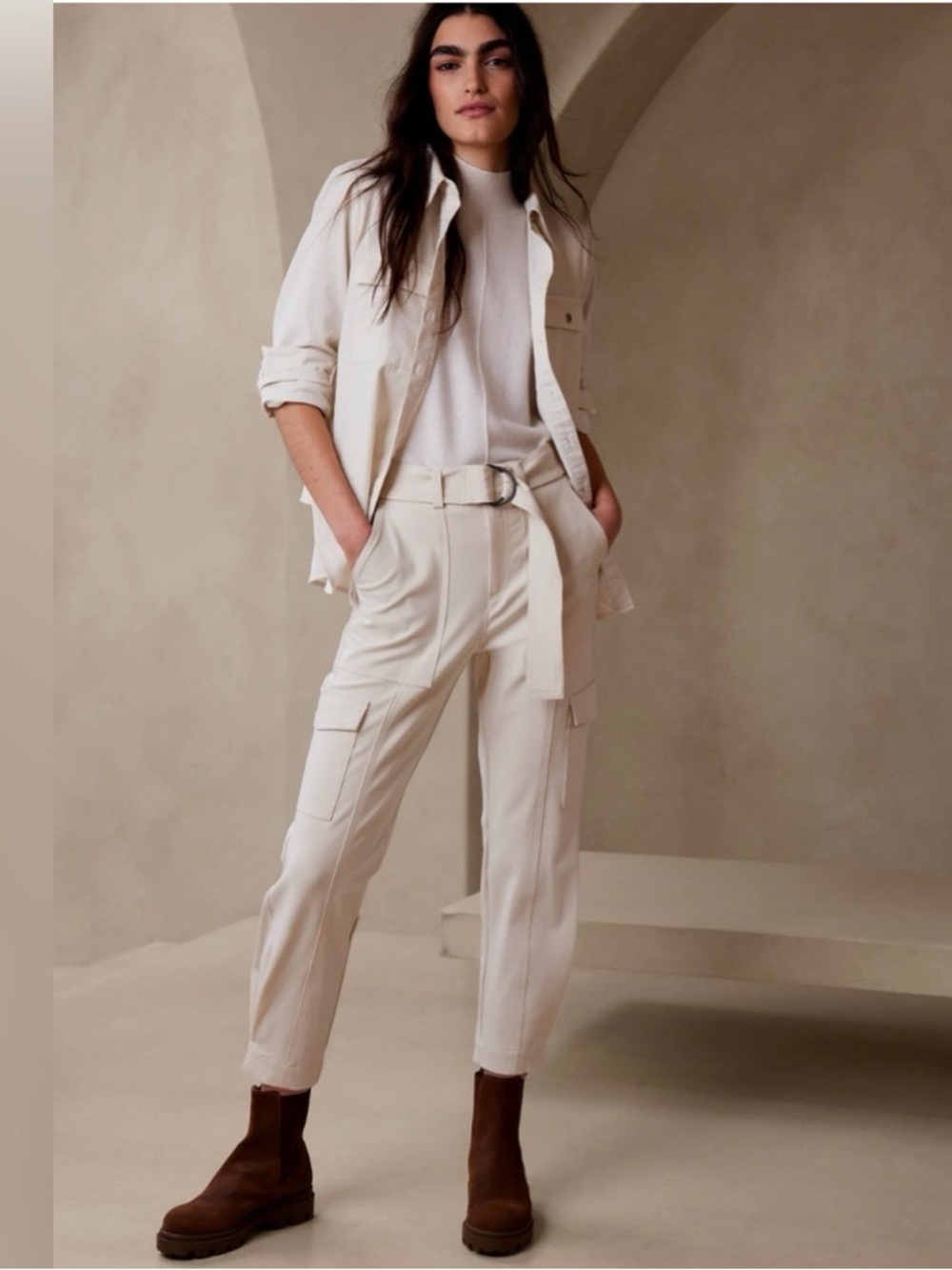 Banana Republic Cream High Waist Tapered Cargo Pants Sz 16 Jersey Knit Travel